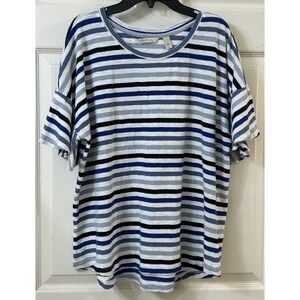AnyBody Women's Top LG Short Flutter Sleeve Striped Knit T-Shirt Blue EUC